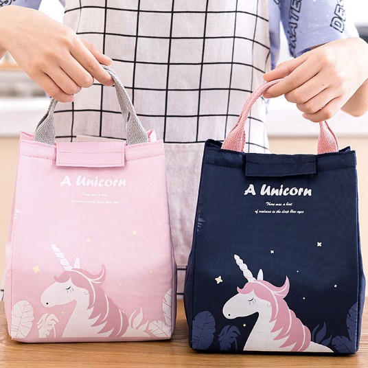 Túi đựng cơm vải Oxford Pink Unicorn nắp dính có lớp lót nhôm giữ nhiệt (sizesize 18x15x24cm)