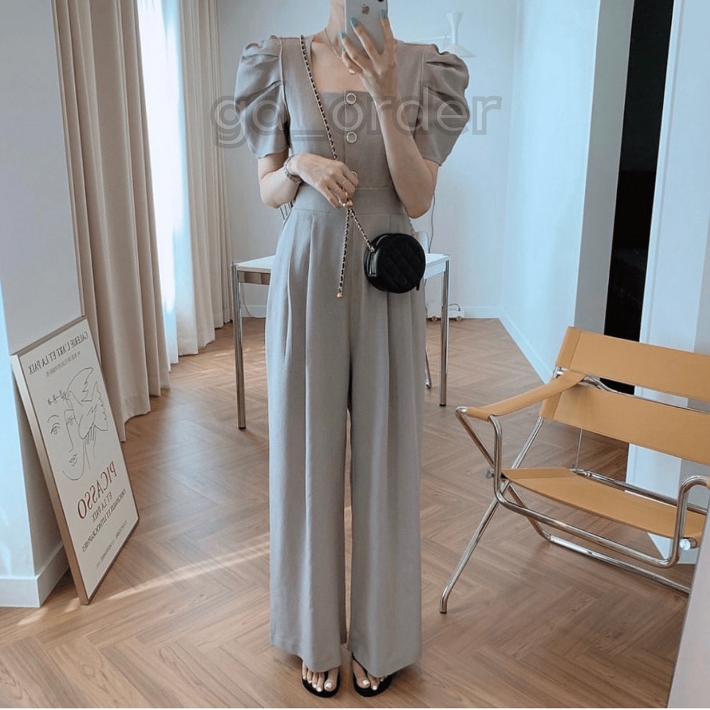 J3|Jumpsuit cổ vuông tay phồng ống rộng phong cách hàn quốc thanh lịch gd_order