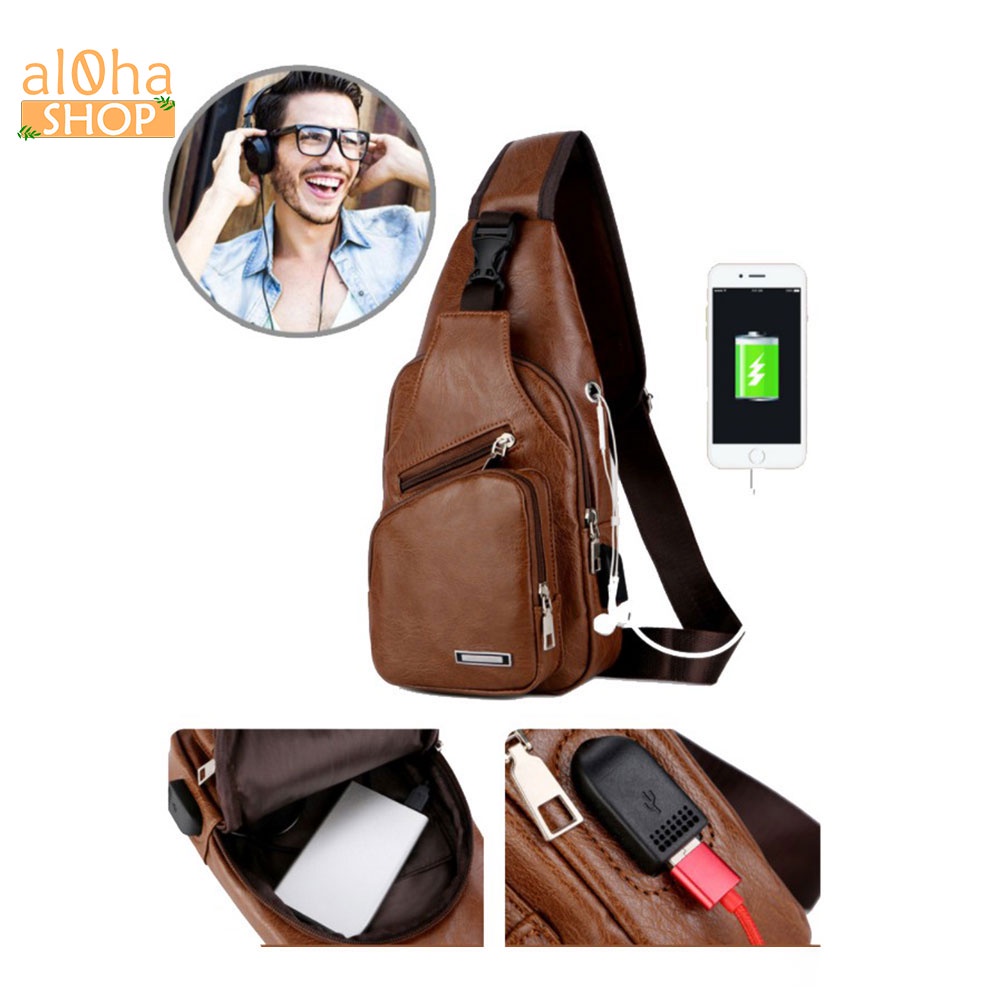 Túi đeo chéo da cao cấp tích hợp dây sạc USB, 4 ngăn unisex nam nữ chống nước thời trang - al0ha Shop