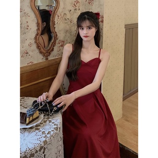 Đầm Hai Dây Cổ Chữ V Màu Đỏ Sang Trọng Quý Tộc Kiểu Pháp