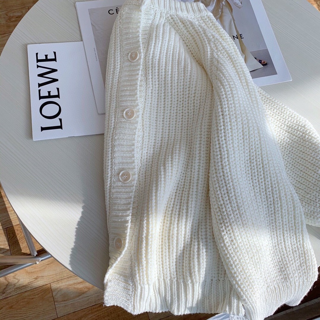 Áo len nữ dài tay 2 mặt màu trắng hàng quảng châu oversize dày đẹp cổ v dáng cài cúc cardigan phom rộng C1032