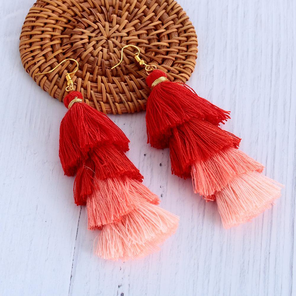 1 Đôi Bông Tai Tua Rua Dài Nhiều Lớp Bằng Vải Lụa Thời Trang Dân Tộc Boho