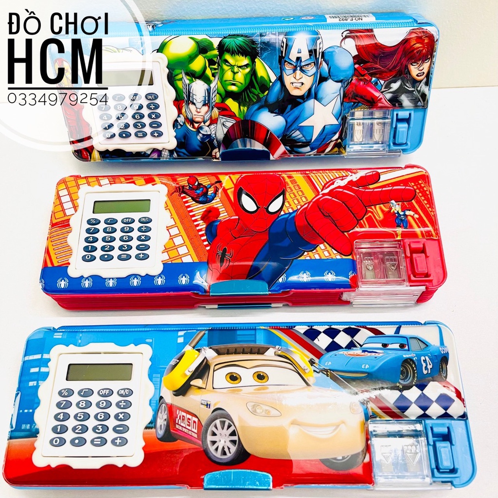 Hộp bút hai ngăn có đồ chuốt, máy tính nhỏ gắn liền cho bé đựng viết/thước hình elsa/spider man/doremon