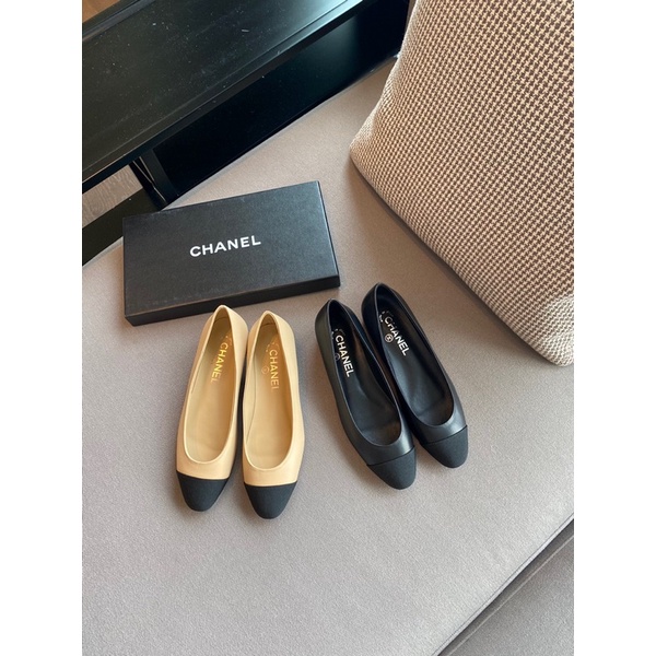 Giày búp bê mũi tròn thương hiệu thời trang cao cấp Channel 𝘾𝙝𝙖𝙣𝙚𝙡 CN da thật cao cấp phần mũi phối vải