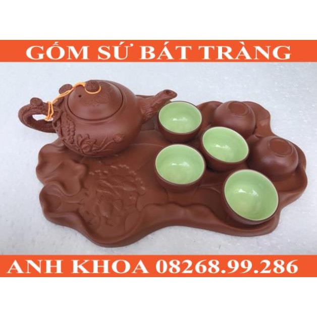 Ấm trà tử sa Bát Tràng đắp nổi hoa sen kèm khay - Gốm sứ Bát Tràng Anh Khoa