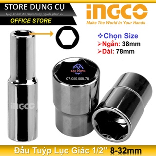 8-32mm đầu tuýp lục giác 1/2" ngắn 38mm ingco,đầu tuýp lục giác 1/2" dài 78mm ingco