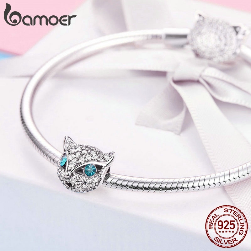 Hạt trang sức Bamoer SCC1131 bằng bạc 925 hình mèo/cáo đính hạt CZ dùng làm trang sức sang trọng