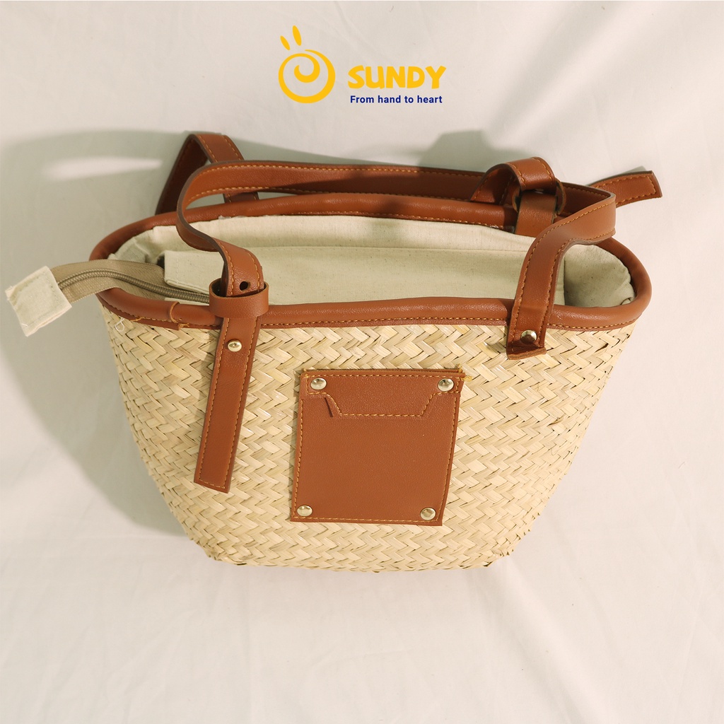 Túi Cói Quai Da SUNDY Chất Liệu Tự Nhiên, Thiết Kế Đơn Giản, Vintage Phù Hợp Đi Làm,Dã Ngoại, Chụp Ảnh-TC014N00