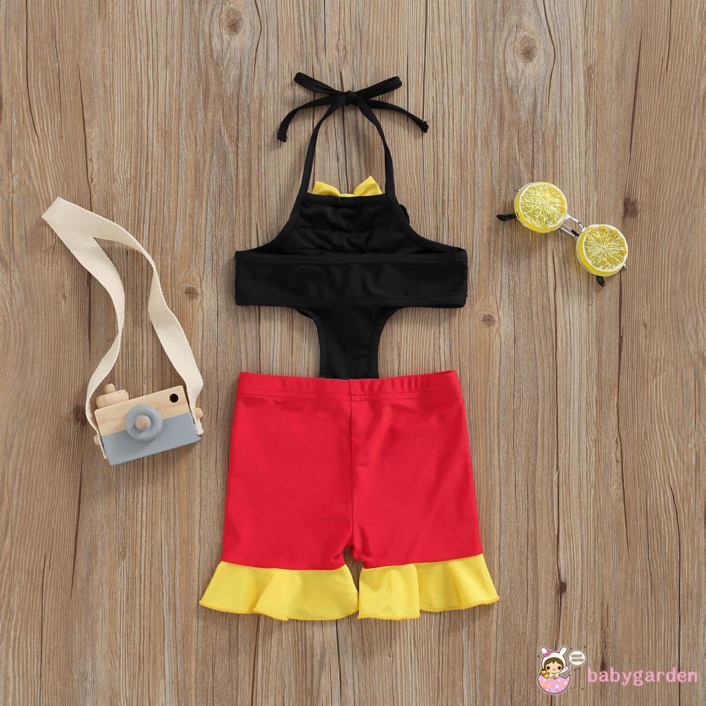 BABYGARDEN-0-5years Boys Girls Swimsuit One Piece Bow Decoration Contrast Color Halter Sleeveless Design Cute Ruffle