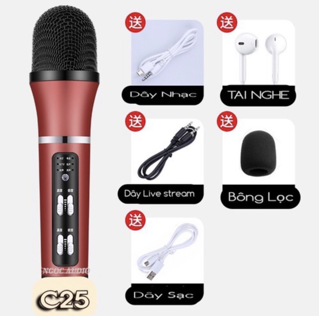 MICRO C25 THU ÂM, LIVESTREAM, KARAOKE - ĐẦY ĐỦ PHỤ KIỆN TAI PHONE