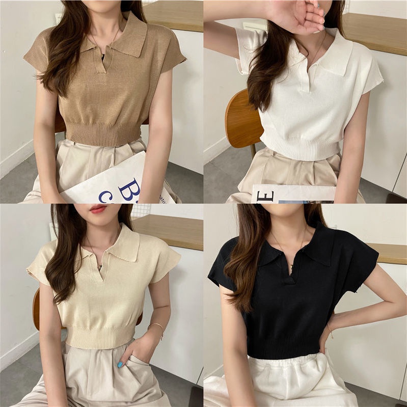Áo Thun Dệt Kim Tay Ngắn Cổ POLO Màu Trơn Phong Cách Hàn Quốc Thời Trang Mới Cho Nữ
