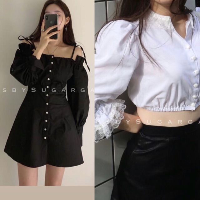 Combo áo sơ mi croptop viền ren bèo và đấm trễ vai hàng cúc - by SugarG