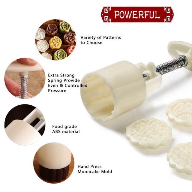 Khuôn trung thu lò xo 6 mặt hoa nổi 5 cánh 50g (M65)