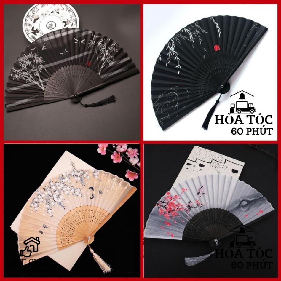 (Liễu Xanh) Quạt Cổ Trang Trung Quốc Xếp Cầm Tay Bằng Gỗ