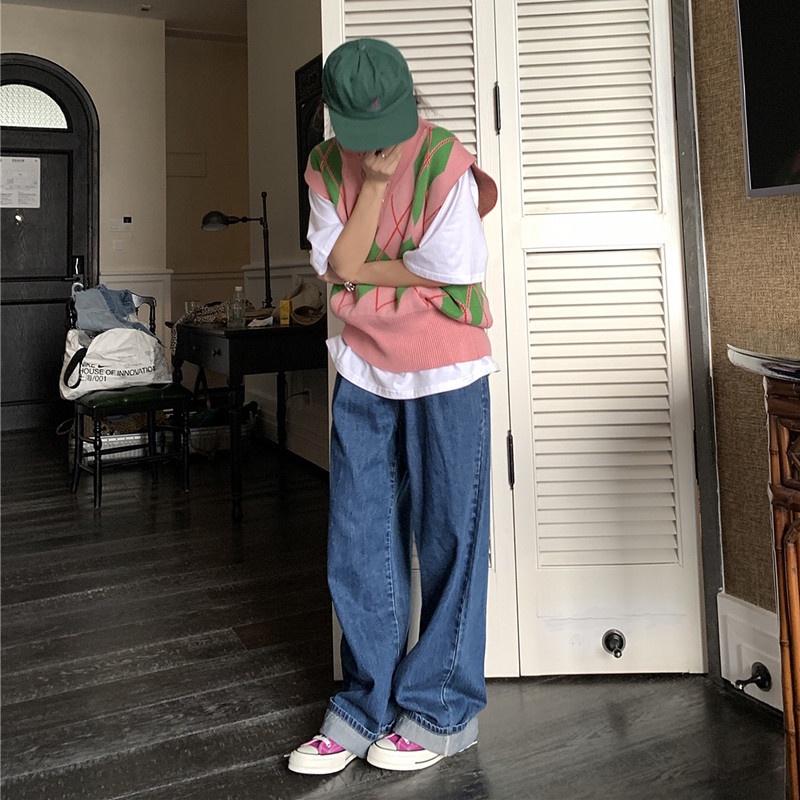 Áo dệt kim không tay dáng rộng phong cách retro đơn giản