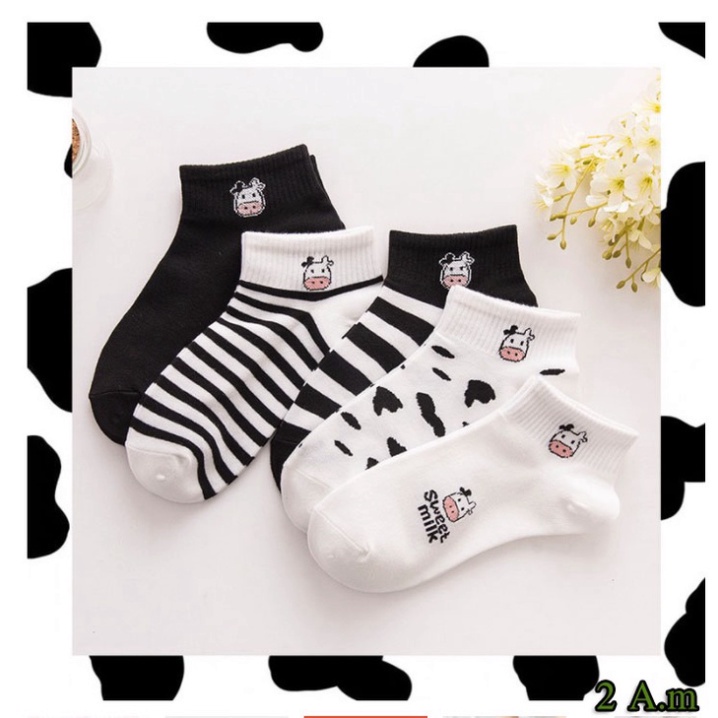 Sét 5 Đôi Tất Bò SữaFREESHIPTất Vớ Cổ Ngắn Nam Nữ Họa Tiết Bò Sữa Cotton Style Hàn Quốc