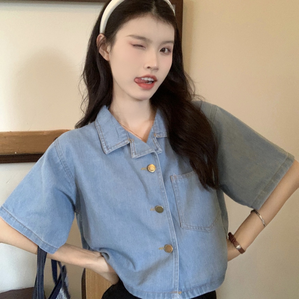 SUXI Áo Sơ Mi Denim Tay Ngắn Màu Sắc Đơn Giản Dành Cho Nữ