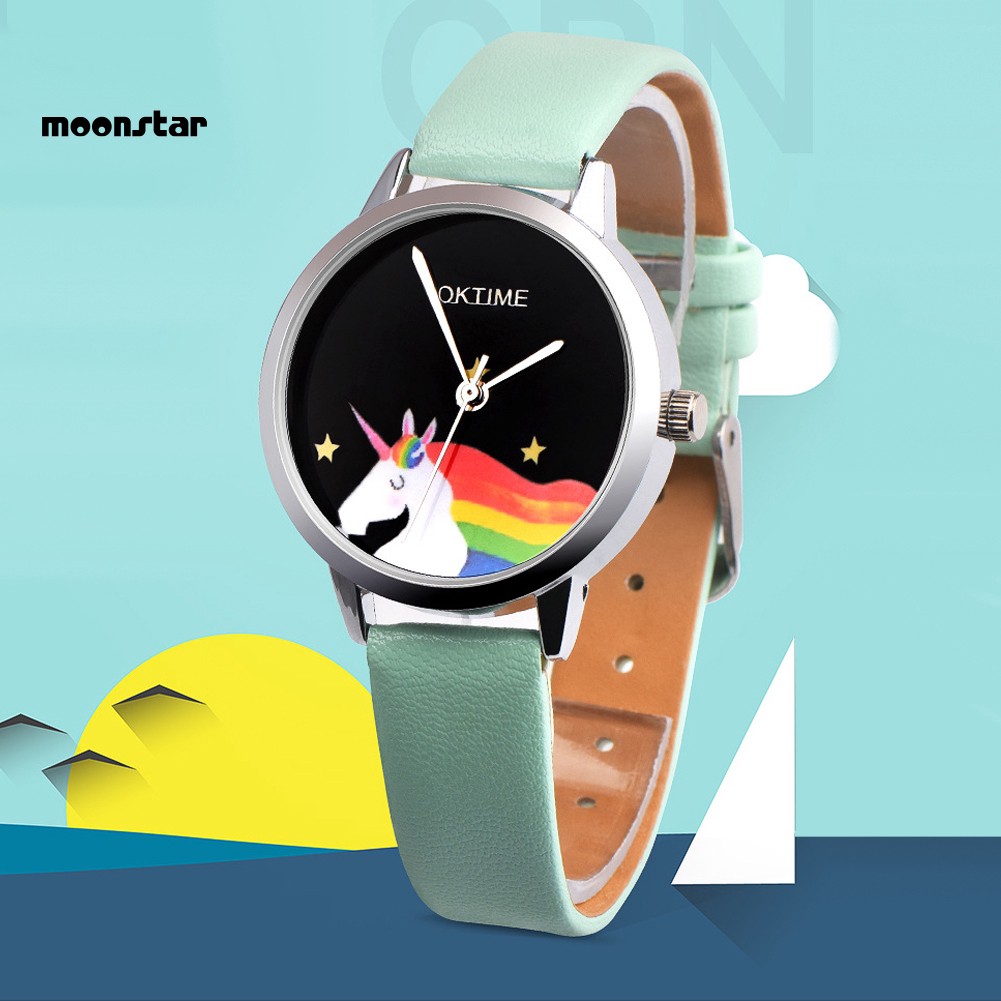 Đồng hồ nữ dây da mặt hình ngựa một sừng dễ thương