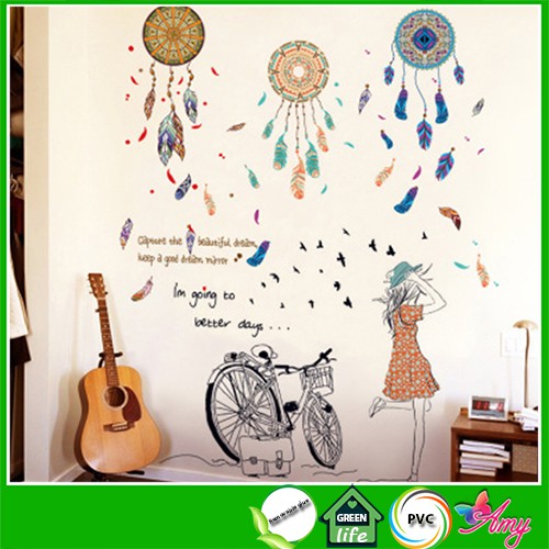 Decal dán tường phòng ngủ [THANH LÝ] tranh cô gái và lưới bắt giấc mơ AmyShop