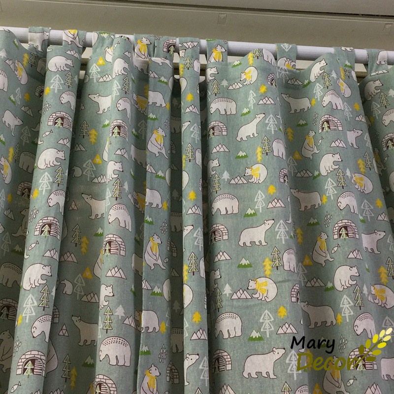 Rèm cửa sổ vải bố linen trang trí nhà cửa cực đẹp, giá tốt - họa tiết Gấu xanh nhạt R-H01