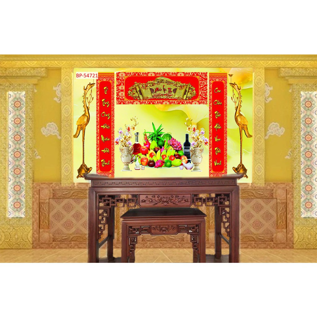 Tranh in ngũ quả hoành phi trang trí phòng thờ dán tường 3D  kích thước rộng 150 x 120
