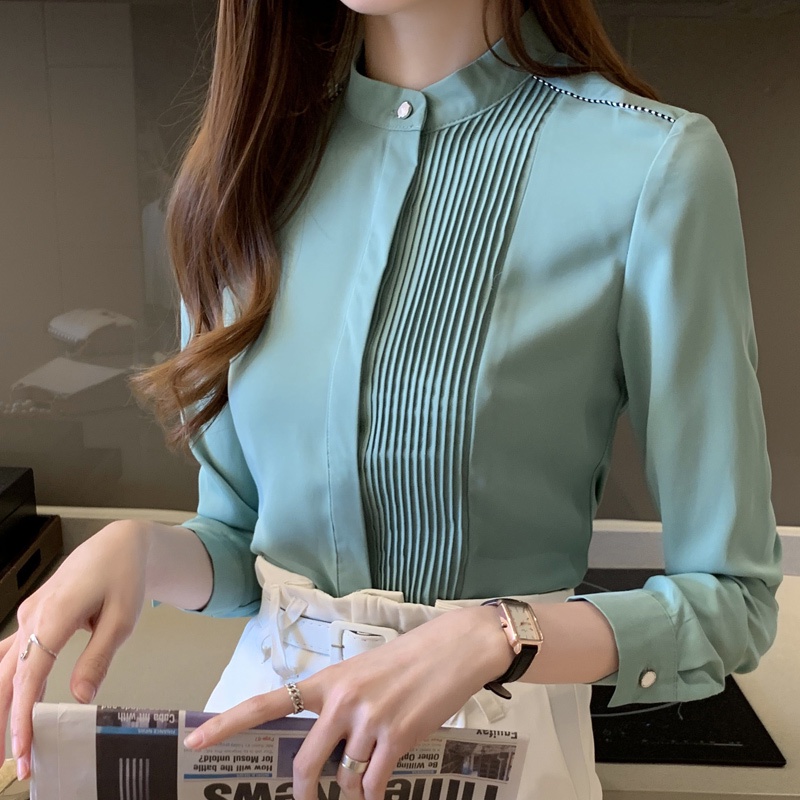 Áo Sơ Mi Công Sở Nữ Cổ Đứng Tay Dài Vải Chiffon