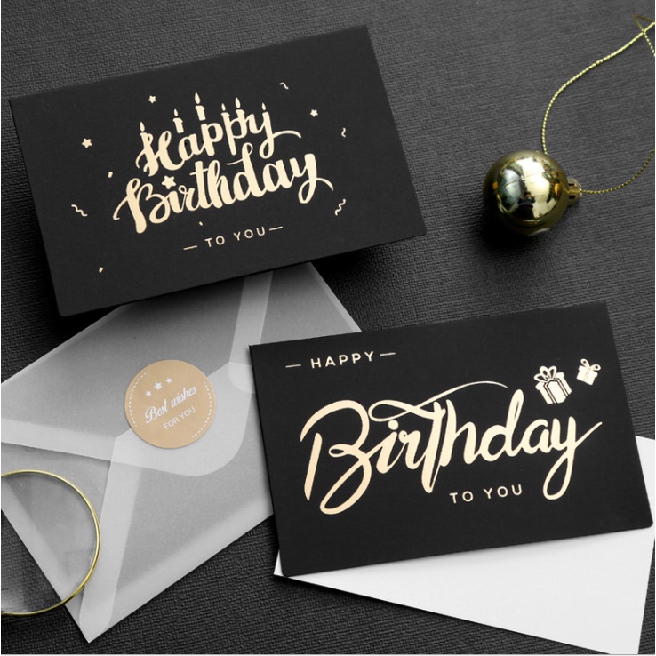 Thiệp chúc mừng sinh nhật Happy birthday đen, thư cảm ơn kèm sticker phong bì trắng đơn giản