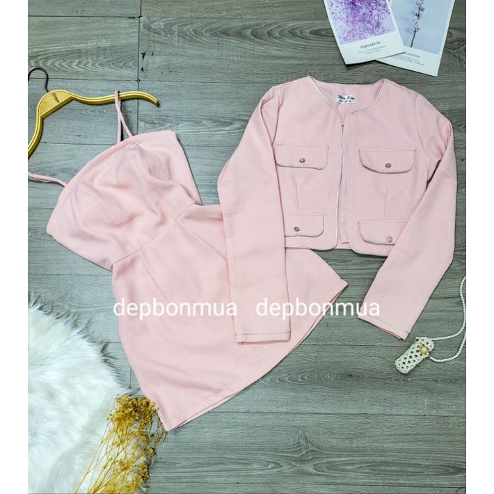 Set đầm 2 dây + khoác vest viền nhũ