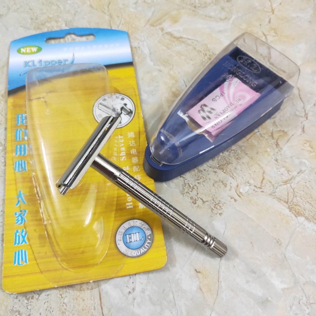 Bàn Cạo Râu Inox Hoàng Long HL Klipper kèm lưỡi Lam không rỉ với chế độ Xoay cán bàn Full Hộp