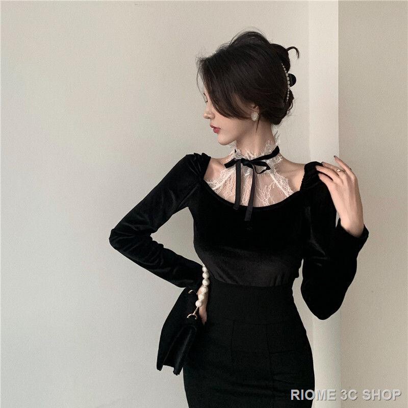 【Nước hoa miễn phí】Áo Nhung Dài Tay Phối Ren Xinh Xắn Dành Cho Nữ | BigBuy360 - bigbuy360.vn