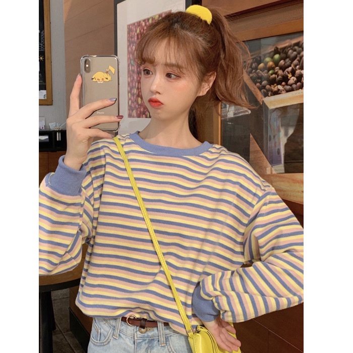 Áo Sweater mỏng tay dài cổ tròn kẻ sọc nhiều màu sắc thời trang mùa thu 2020