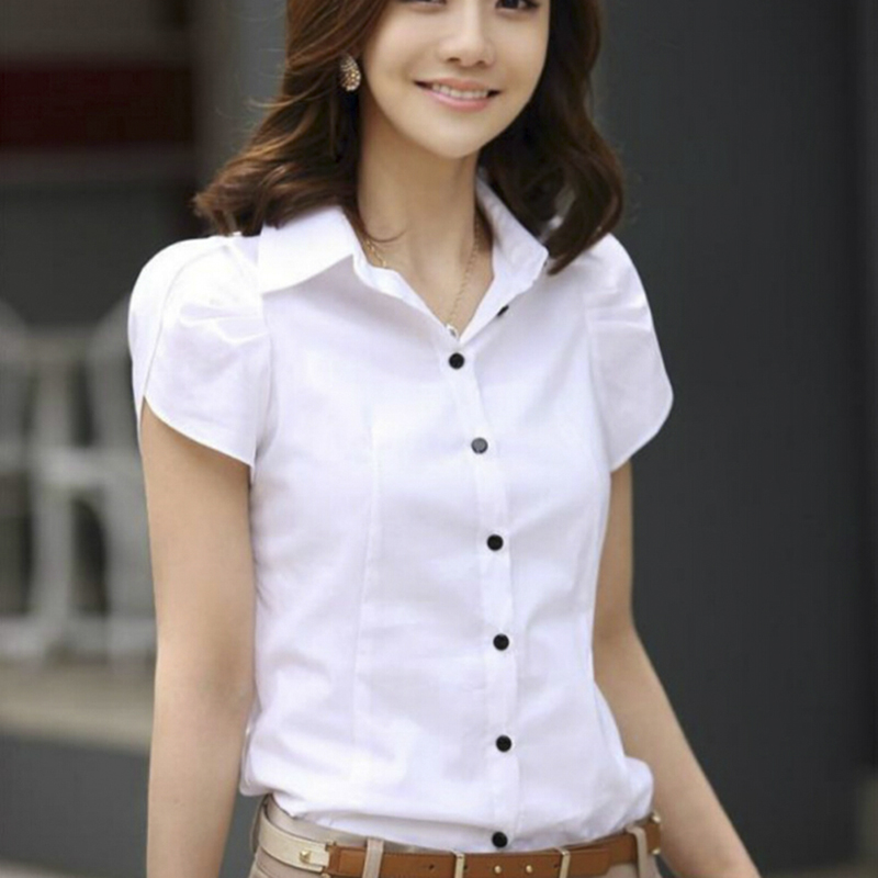 Women Fashion  Short Sleeve OL Blouses Chiffon White Shirts Office Work Wear Top