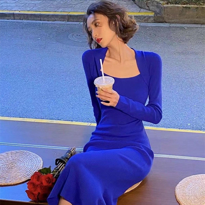 Đầm Đuôi Cá Dệt Kim Cổ Vuông Nhấn Eo Tôn Dáng Màu Xanh Dương