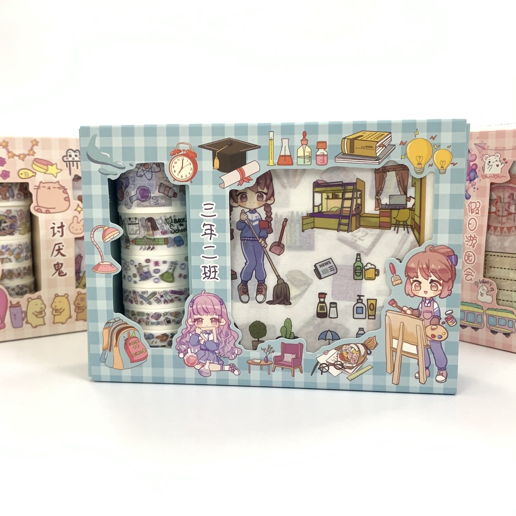 Hộp combo Sticker kèm Washi tape WS06 - Nhãn dán phong cách dễ thương trang trí sổ