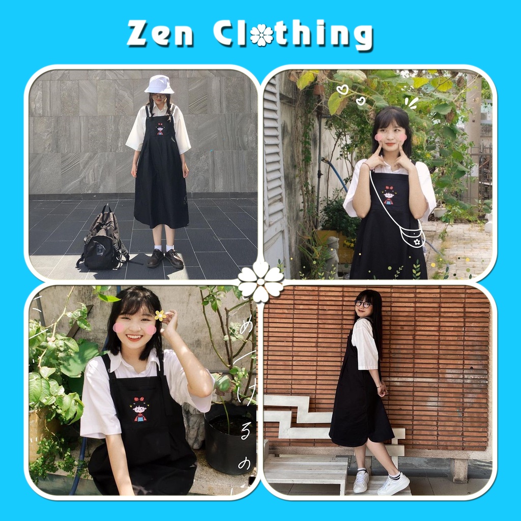 Váy yếm nữ suông thụng thêu hình cô bé xinh xắn túi trước đầm suông nữ ulzzang Zen Clothing Zen008