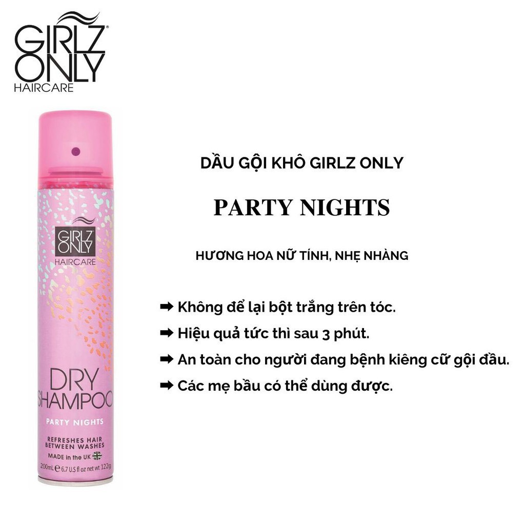 Dầu Gội Khô Giúp Tóc Sạch Dầu, Trở Nên Bồng Bềnh Ngay Lập Tức Girlz Only Dry Shampoo 200ml - Party Nights (Hồng)