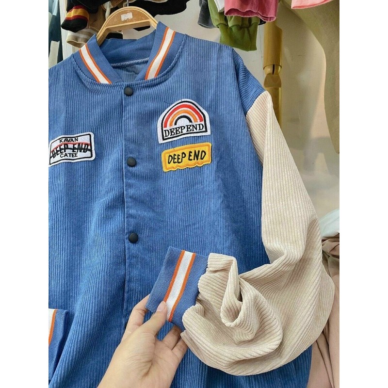 Áo khoác kaki nhung gân thêu logo dáng bomber cầu vồng, kèm ảnh thật