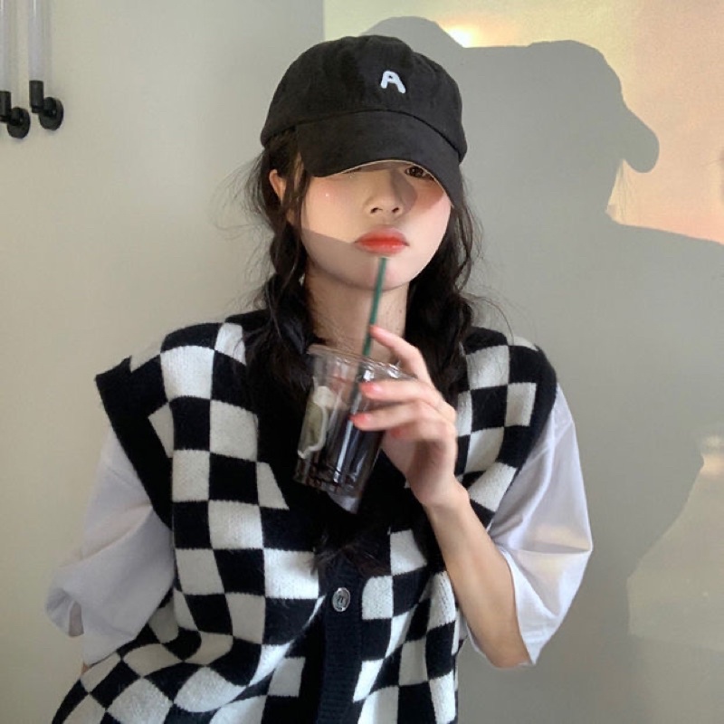 Áo khoác Cardigan Gile len nữ cổ chữ V màu xanh và đen kẻ caro phom rộng đồ đôi | BigBuy360 - bigbuy360.vn