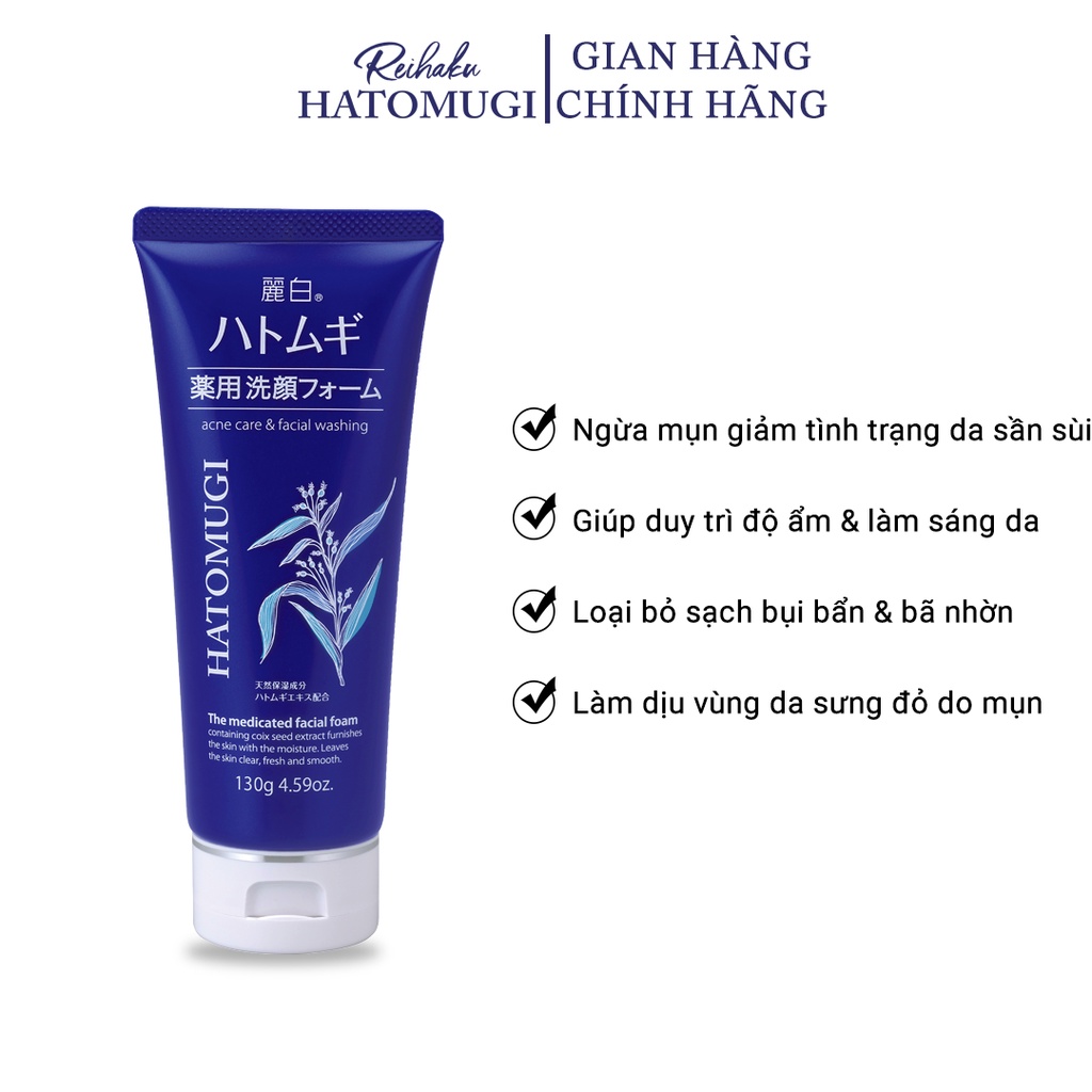 Sữa Rửa Mặt Ngừa Mụn, Dưỡng Ẩm Reihaku Hatomugi Acne Care &amp; Facial Washing (130g)