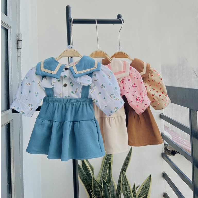 Set áo thô váy yếm thủy thủ nhung tăm kèm turban bé gái 1 2 3 4 tuổi MINTSCLOSET Mint's Closet - GS1042