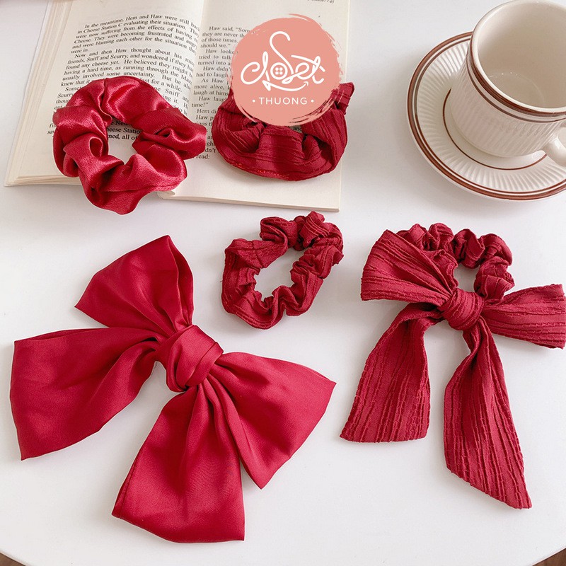 Kẹp tóc nơ và dây buộc tóc scrunchies đỏ anh đào / kẻ caro, phong cách cổ điển Pháp