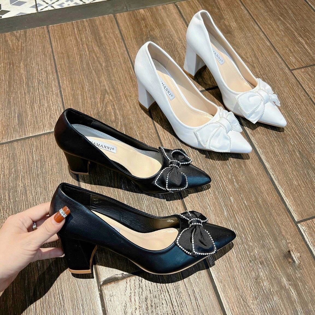 Giày cao gót mũi nhọn nơ viền hạt gót trụ vuông - 7P SK08