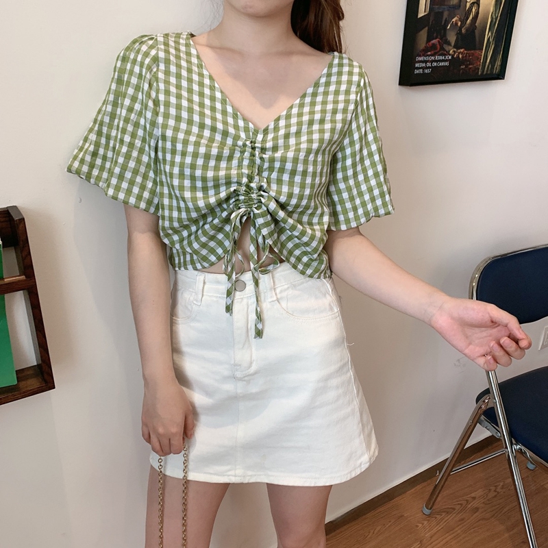 Áo croptop tay phồng kẻ sọc caro phong cách Hàn Quốc trẻ trung cho nữ | BigBuy360 - bigbuy360.vn