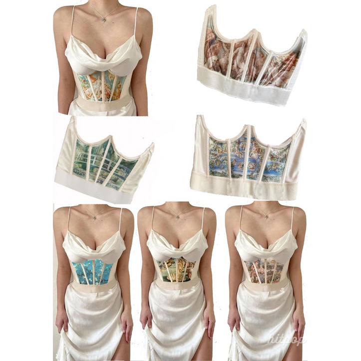 Hitpop-Women Fitness Waist Trainer, Oil Painting Print Elastic Corset Cincher Shaper with Chest Support for Girls,