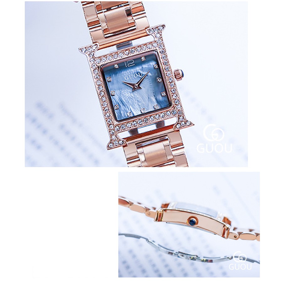 Đồng hồ nữ Guou 8214 chữ H đính đá dây kim loại thép đúc đặc chính hãng chống nước