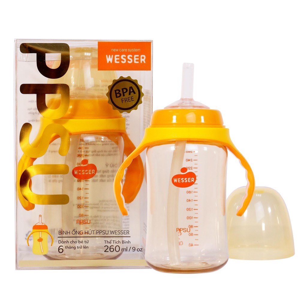 BÌNH SỮA CÓ ỐNG HÚT CỔ RỘNG CAO CẤP PPSU WESSER 180ML/260ML