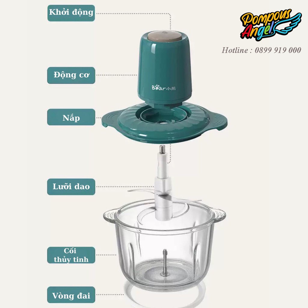 [Chính hãng] Máy xay thịt cá đa năng cầm tay để bàn BEAR 2L 300W cối thủy tinh , 4 lưỡi dao inox 304