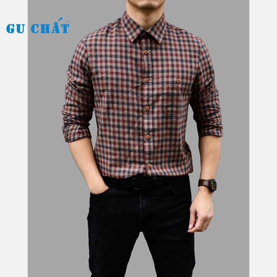 Áo Sơ Mi Dài Tay Caro Nâu Đen GU CHẤT, Vải Cotton Mềm Mịn, Form Chuẩn. Trẻ Trung GUSM15