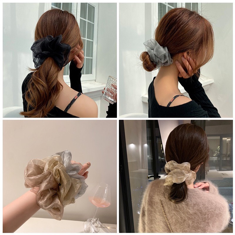 Dây cột tóc scrunchies màu trơn phối lưới vải voan bản to hot trend Hàn Quốc Tatitava