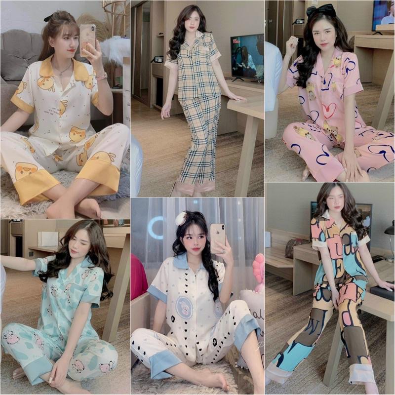 Đồ đồ ngủ nữ, pijama ở nhà nữ tay ngắn vải kate lụa họa tiết gấu dễ thương giá xưởng ảnh thật
